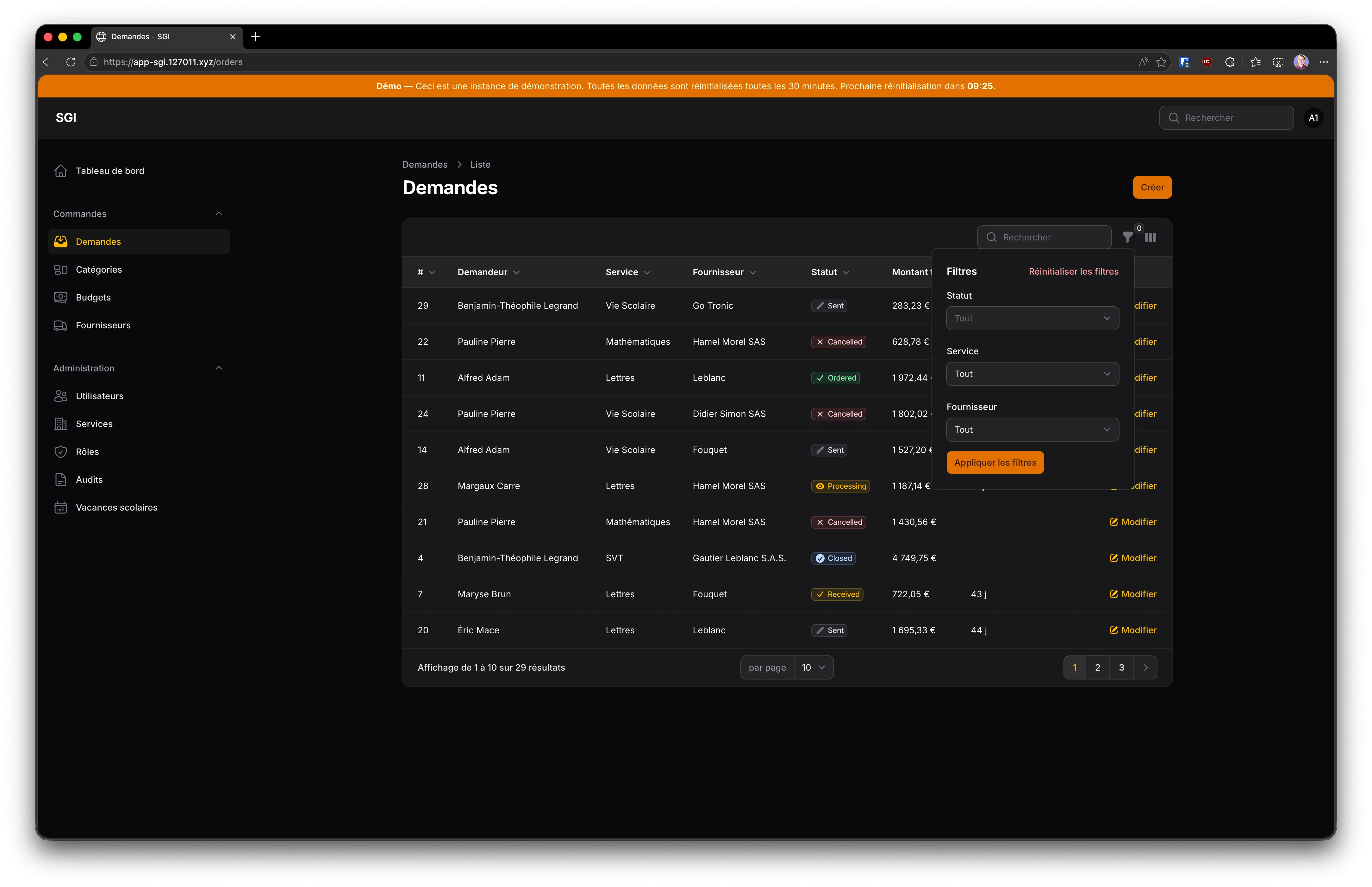 Liste des commandes (vue administrateur)