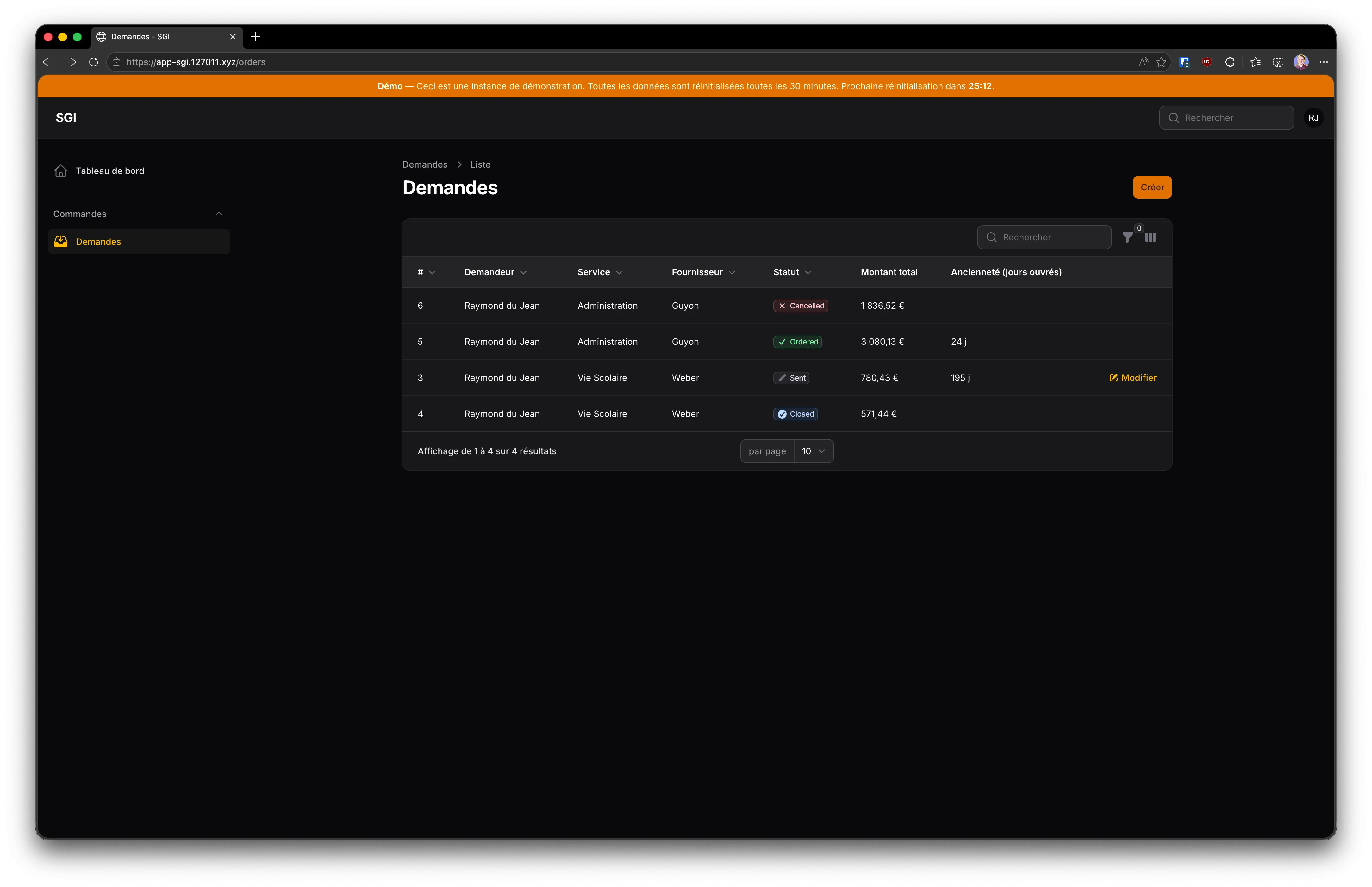 Liste des commandes (vue demandeur)