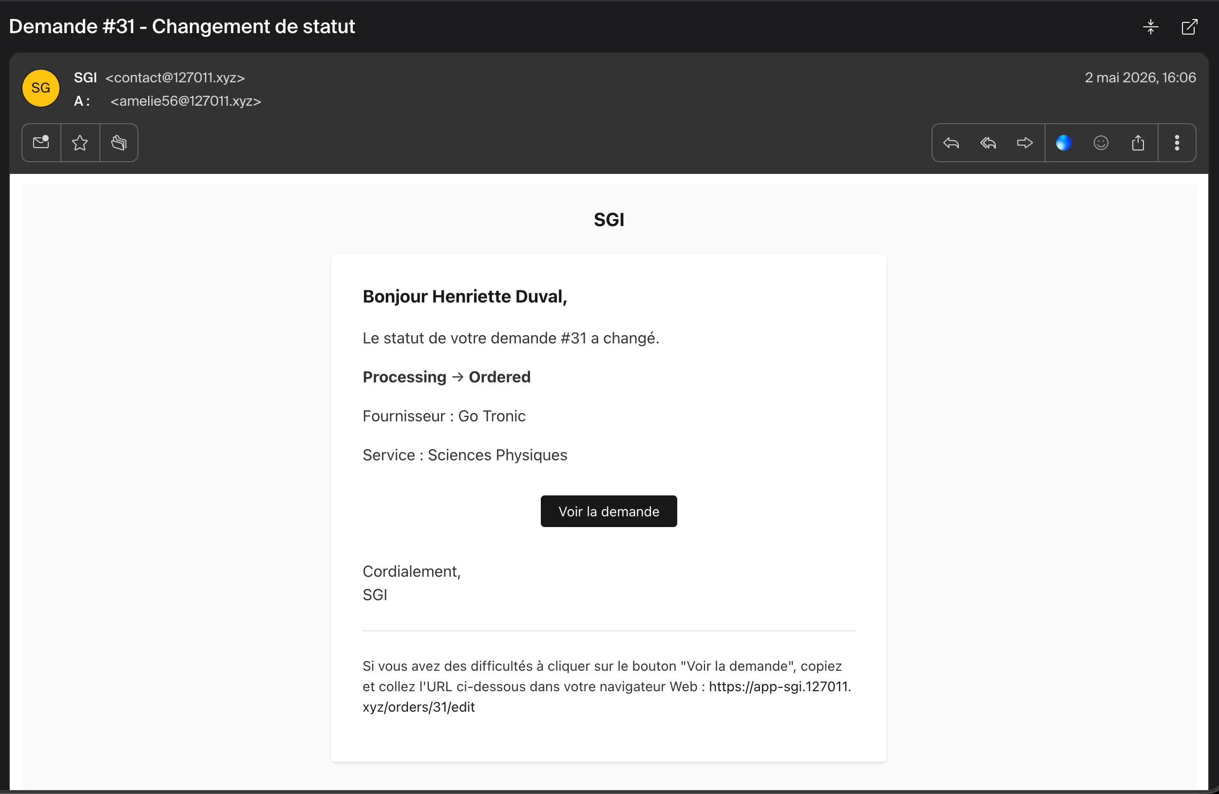 Email OrderStatusChanged envoyé au demandeur lors d'une transition de statut