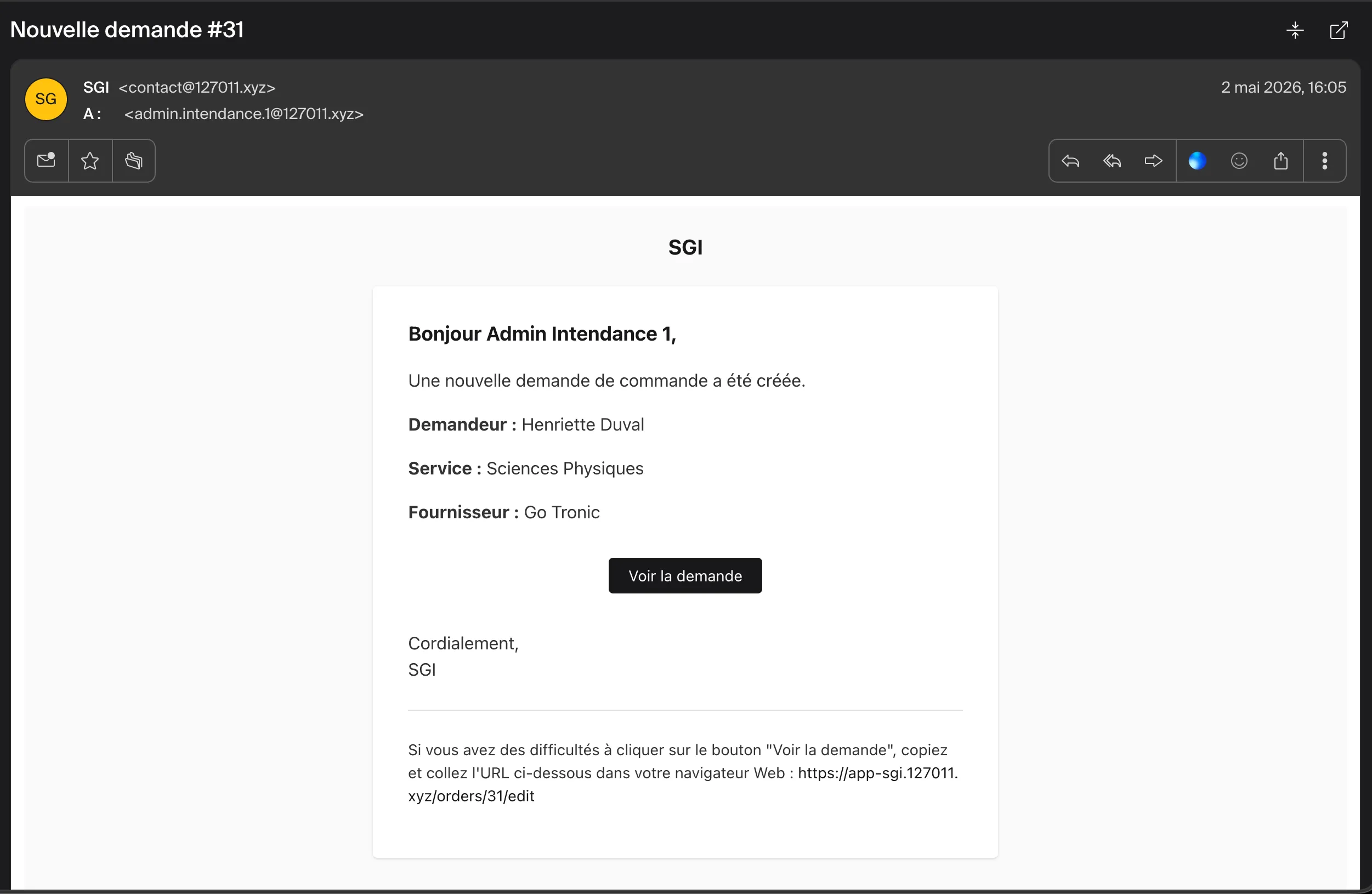 Email OrderCreated envoyé aux administrateurs lors de la création d'une commande